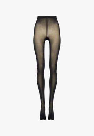 Tights neri opachi con un pannello trasparente dorato, dotati di una vita alta e una texture liscia. Il design copre l'intera lunghezza della gamba.