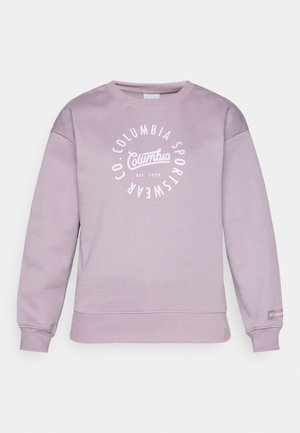 Sweatshirt cu guler rotund, de culoare mov, fabricat dintr-un amestec de bumbac. Are un logo circular alb cu „Columbia Sportswear” și manșete și tiv ribbate.