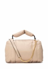 Bolso de piel beige con un diseño acolchado, asas cortas y una correa de cadena dorada removible. Textura suave y estilo minimalista.