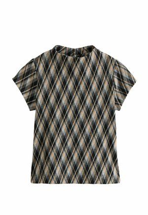 Kurzärmeliges Oberteil mit diagonalem Karomuster in Schwarz, Grau und Beige, mit rundem Ausschnitt und Knopfverschluss am Rücken.