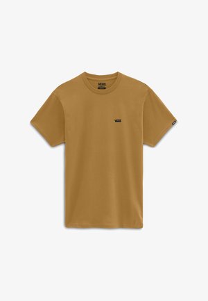 Brown short-sleeve t-shirt made from cotton with a round neckline and small black Vans logo on the left chest area. Plain design.