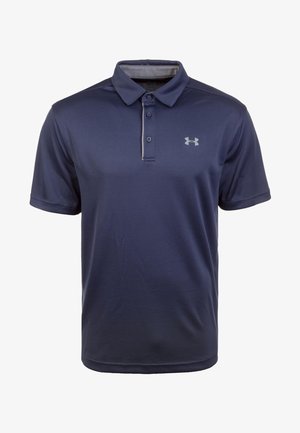 Polo bleu marine à manches courtes avec trois boutons et logo Under Armour sur le côté gauche de la poitrine.