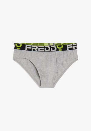 Braga de algodón gris con una cintura negra que presenta el logo "FREDDY" en blanco y verde, tejido ligero y corte ajustado.