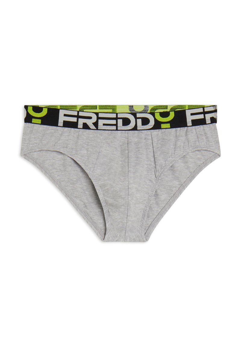Slip grigio in cotone con fascia in vita nera con logo "FREDDY" bianco e verde, tessuto leggero e taglio su misura.