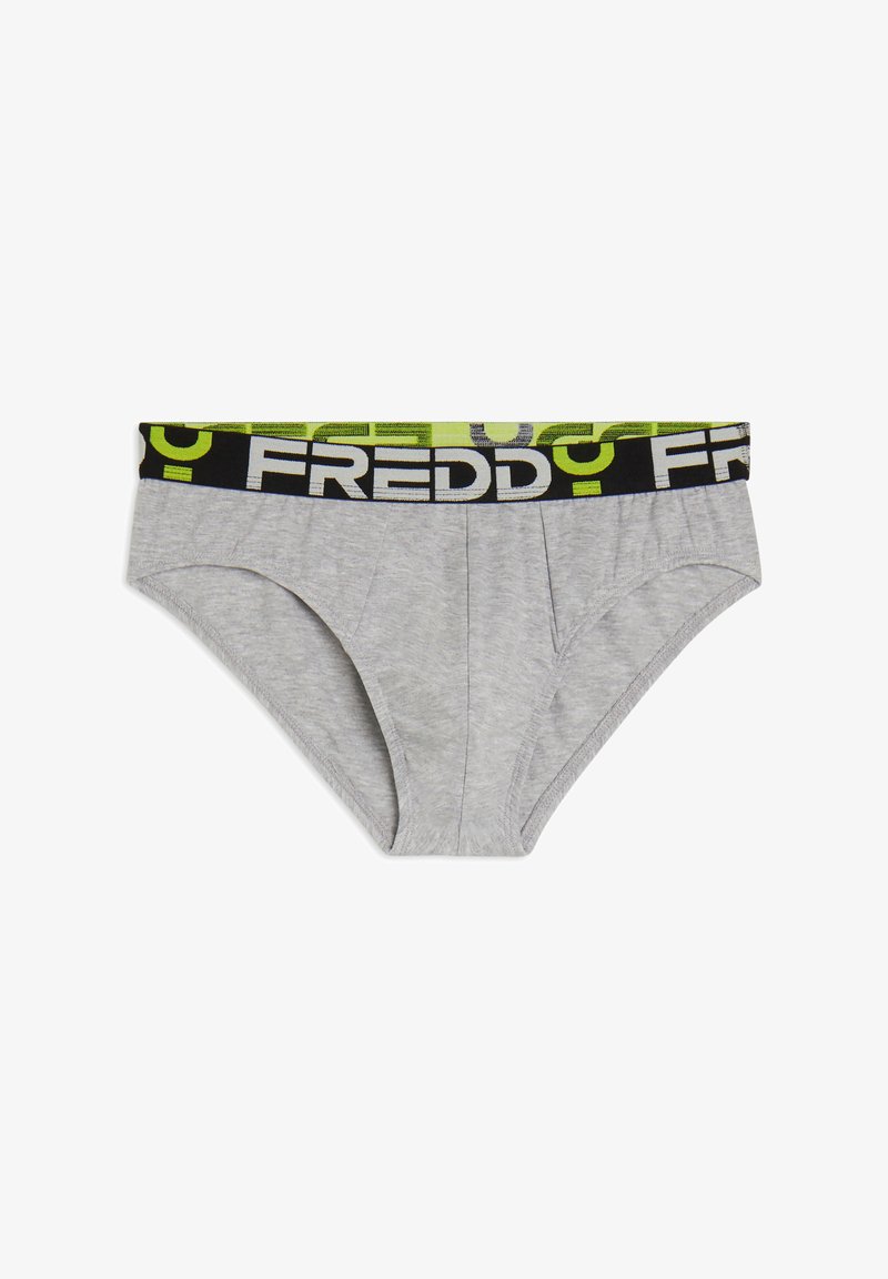 Slip grigio in cotone con fascia in vita nera con logo "FREDDY" bianco e verde, tessuto leggero e taglio su misura.