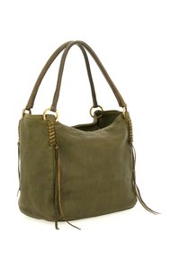 Borsa in pelle verde oliva con due manici, anelli in tonalità oro e nastri decorativi in pelle su entrambi i lati.