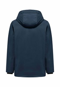 Giacca con cappuccio blu navy, caratterizzata da una texture liscia, maniche lunghe e polsini neri. Il design è semplice e privo di componenti metallici visibili.