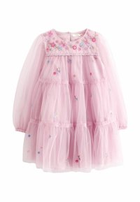 Rotes Tüllkleid mit langen Ärmeln, einem gestuften Design, floralen Stickereien und einem runden Halsausschnitt mit Spitze an den Schultern.