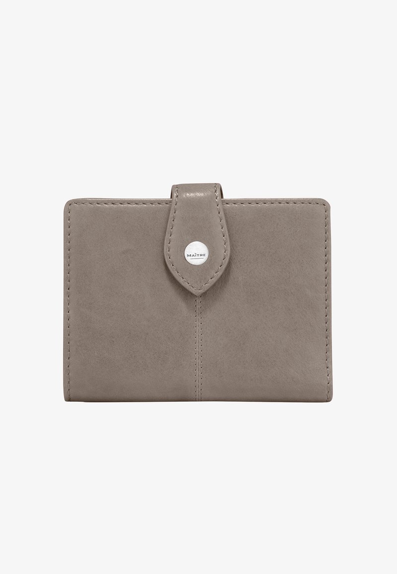 Portafoglio grigio, con texture, dotato di una chiusura a ribalta arrotondata e di un bottone in metallo al centro, con cuciture ordinate lungo i bordi.