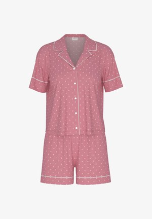 Różowy zestaw piżamy z krótkim rękawem w biały wzór diamentów, zawiera zapinaną na guziki bluzkę i pasujące szorty, wykończone białą lamówką.