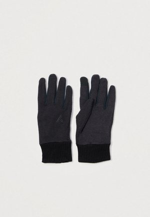 Mănuși tricotate de culoare neagră și gri închis, cu manșete ribbed, având un material texturat și un logo pe încheietura mâinii. Vârful degetelor are un material contrastant.
