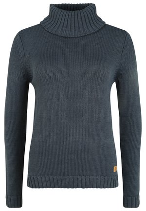 Maglione blu scuro con collo a rovescio, maniche lunghe, motivo a maglia texturizzato e un piccolo logo applicato vicino all'orlo.