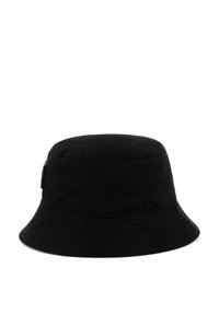 Zwarte bucket hat van katoen, met een ronde kroon, brede rand en gestikte details langs de rand. Geen zichtbare logo's of accenten.