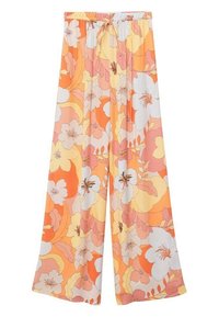 Pantalon large à motifs floraux dans des tons orange, rose et jaune. Il présente une taille à cordon de serrage et un tissu léger et lisse avec un motif botanique vibrant.