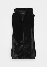 Czarna kamizelka z sztucznego futra z wysokim kołnierzem i zamkiem błyskawicznym, o gładkiej i gładkiej fakturze, bez rękawów. Kompaktowy design, idealny do noszenia na warstwy.
