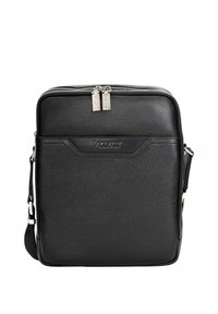 Borsa a tracolla nera in pelle con superficie testurizzata, dotata di chiusura con zip superiore, tracolla regolabile e dettagli del logo in rilievo.
