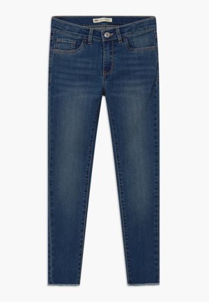 Blå slim-fit jeans med frontknap, fem lommer og subtil udvaskning på lårene og knæene.