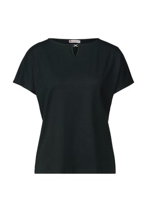 Schwarzes Kurzarmoberteil mit lockerer Passform, ausgestattet mit einem Schlüssellochausschnitt und einem leichten, glatten Stoff. Einfaches und vielseitiges Design.