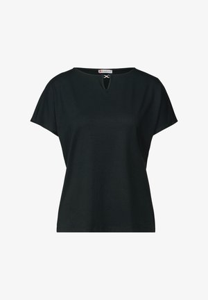 Top negro de manga corta con un corte relajado, que presenta un escote en forma de llave y una tela ligera y suave. Diseño sencillo y versátil.