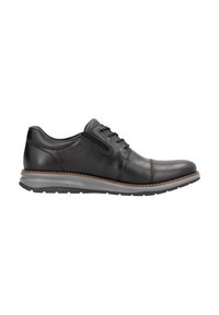 Zapato negro de cuero con cordones, con punta redondeada, textura suave, suela de goma gris y costuras sutiles a lo largo del borde.