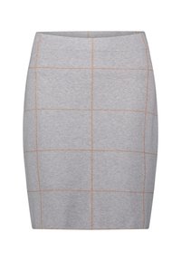 Jupe grise ajustée avec un motif à carreaux en marron clair. Fabriquée dans un tissu lisse avec une texture extensible. Présente une taille haute.