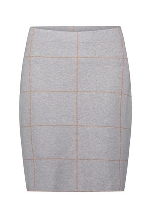 Grå tætsiddende nederdel med et ternet mønster i lys brun. Lavet af et glat stof med en strækbar tekstur. Har en høj talje.