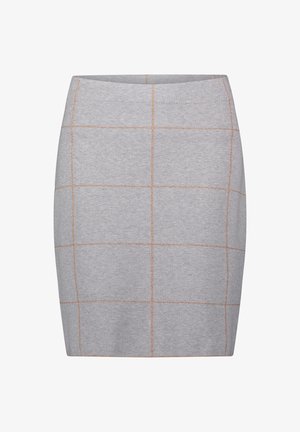 Grå tætsiddende nederdel med et ternet mønster i lys brun. Lavet af et glat stof med en strækbar tekstur. Har en høj talje.