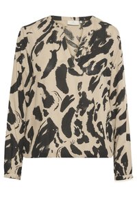 Blouse beige pour femme à manches longues avec imprimé abstrait noir de coups de pinceau et col en V.