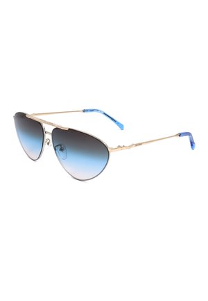 Occhiali da sole aviator con montatura dorata, lenti sfumate blu e aste con punte blu su sfondo bianco.