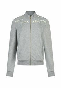 Giacca grigia con zip realizzata in un tessuto morbido, caratterizzata da accenti decorativi in perle bianche sulle spalle e un orlo e polsini a costine.