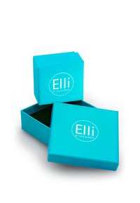 Turkis firkantet gaveæske med låg, der har logoet "Elli by Julie & Grace" i hvid. Indvendigt har den en mørkegrøn foring.
