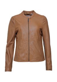 Braune Lederjacke mit Stehkragen, figurnaher Passform, vorderem Rei�ßverschluss, seitlichen Taschen und glatter Textur.
