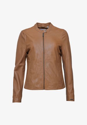 Braune Lederjacke mit Stehkragen, figurnaher Passform, vorderem Reißverschluss, seitlichen Taschen und glatter Textur.