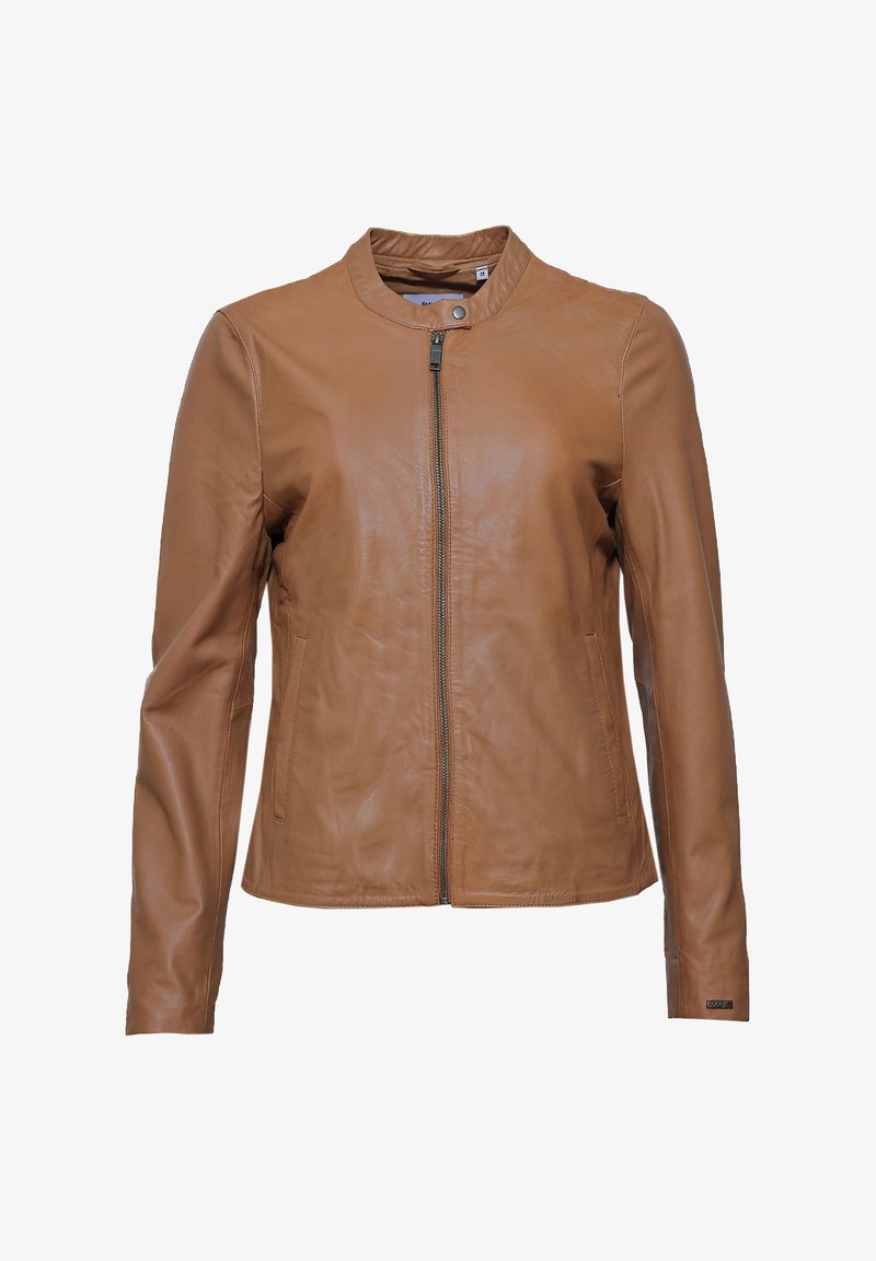 Braune Lederjacke mit Stehkragen, figurnaher Passform, vorderem Reißverschluss, seitlichen Taschen und glatter Textur.