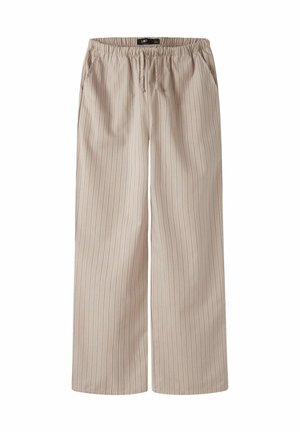 Pantaloni beige a gamba larga con righe verticali, vita elastica e due tasche laterali. Tessuto morbido e leggero.