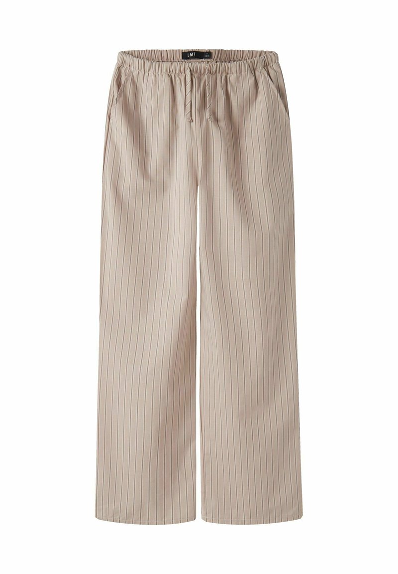Pantalons larges beiges avec des rayures verticales, une taille élastique et deux poches latérales. Texture lisse et tissu léger.