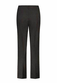 Pantalon noir ajusté, coupe droite, tissu lisse, avec une taille dotée de passants de ceinture, des poches arrière et un devant plat.