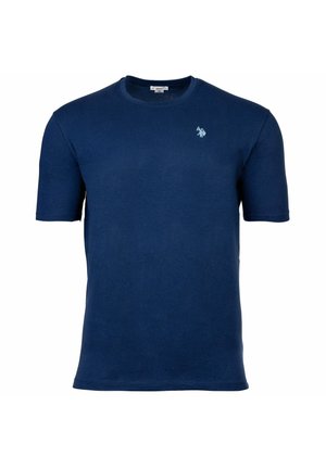 Marineblaues T-Shirt mit kurzen Ärmeln und Rundhalsausschnitt mit kleinem weiß besticktem Logo auf der linken Brust.