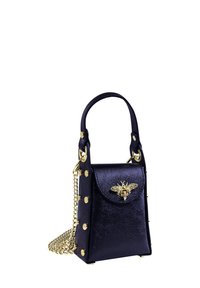Small navy faux leather handbag with gold hardware, bee detail on the front, and chain strap; features stud accents and smooth texture.