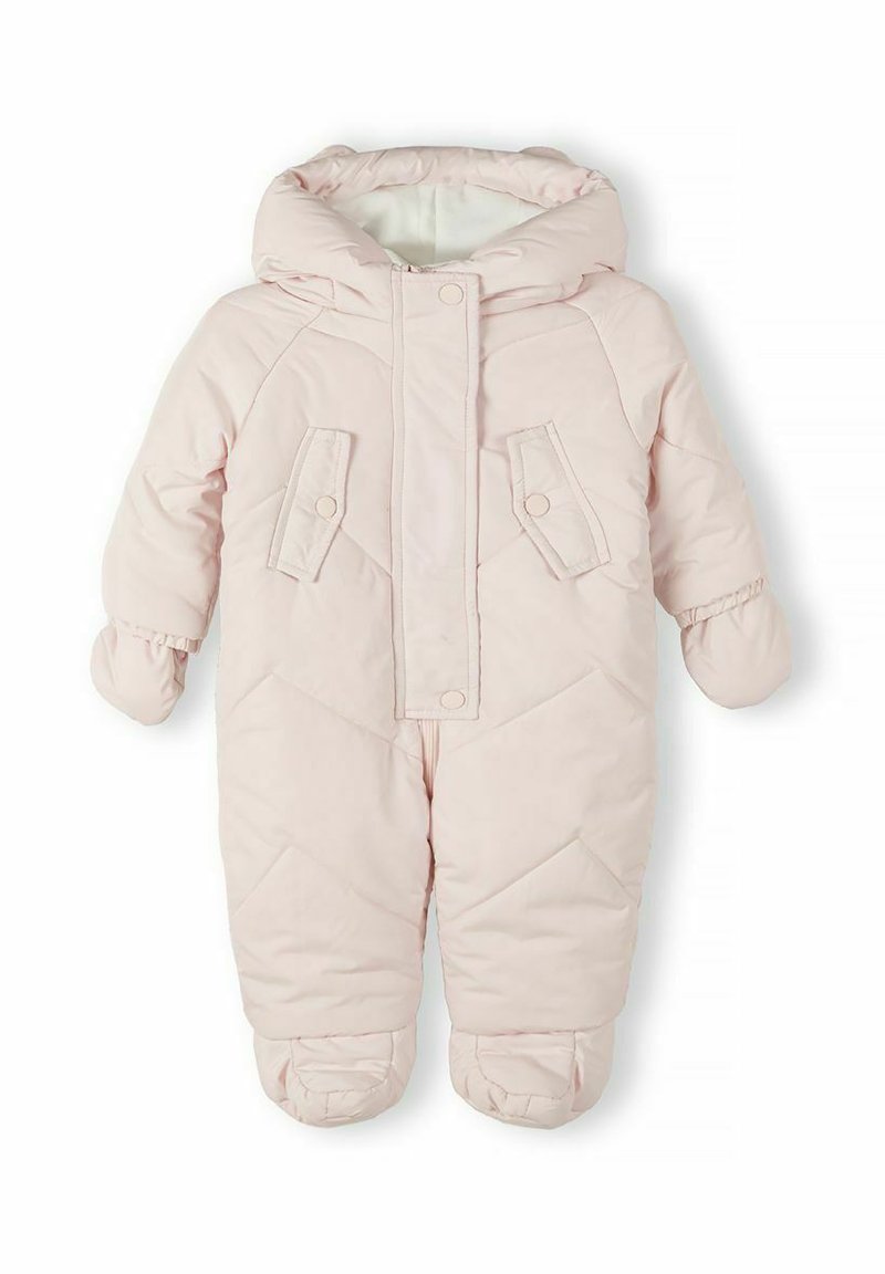 Roze gevoerde sneeuwpak met een gewatteerd ontwerp, een capuchon, een voorkantsluiting met rits en twee voorzakken. Mouwen en voeten zijn elastisch voor extra warmte.