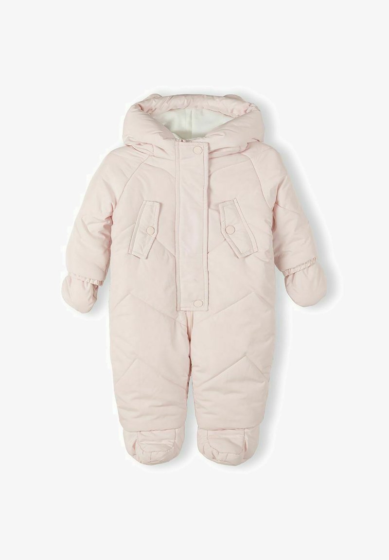 Rožinė paminkštinta snowsuit kombinezonas su siuvinėta struktūra, kapišonu, priekiniu užtrauktuku ir dviem priekinėmis kišenėmis. Rankovės ir kojų dalis yra elastinga, kad būtų šilčiau.