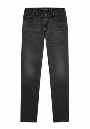 Zwarte slimfit jeans met knoop- en ritssluiting aan de voorkant, ontwerp met vijf zakken en subtiele vervaagde details langs de dijen en knieën.