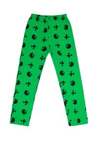 Green cotton pants featuring a pattern of black pixelated cubes and shapes throughout. Elastic waistband for comfort.