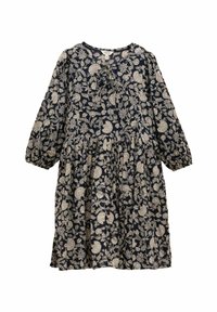 Marineblaues Blumenkleid mit langen Ärmeln und gerafftem Taillenbereich, das über einen runden Halsausschnitt und komplizierte cremefarbene Blumenmuster verfügt.