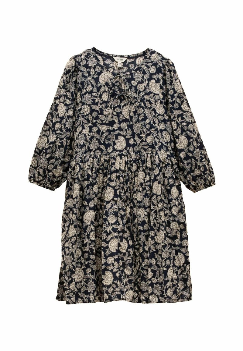 Marineblaues Blumenkleid mit langen Ärmeln und gerafftem Taillenbereich, das über einen runden Halsausschnitt und komplizierte cremefarbene Blumenmuster verfügt.