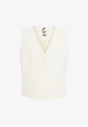 Weißes ärmelloses Weste mit V-Ausschnitt, vier vorderen Knöpfen und zwei kleinen Paspeltaschen, Größe 134/140.