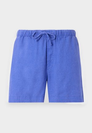 Șorturi albastre dintr-un material ușor, cu un brâu elastic și șnur, având un singur buzunar frontal.