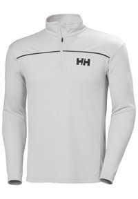 Pulóver blanco de manga larga con media cremallera en el cuello y línea de acento negra; presenta un logo "HH" negro en el lado izquierdo del pecho. Textura de tela suave.
