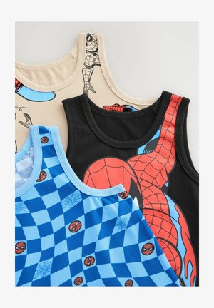 Trys marškiniai be rankovių, kiekvienas su skirtingu dizainu: kreminiai su komiksiniu Vaidilu, juodi su ryškiu raudonu Vaidilu ir mėlyni languoti su vorų motyvais.