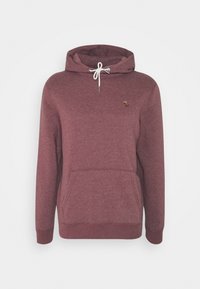 Felpa con cappuccio color amaranto con coulisse bianca, tasca a marsupio sul davanti, polsini a costine e piccolo logo ricamato di alce sul petto a sinistra.